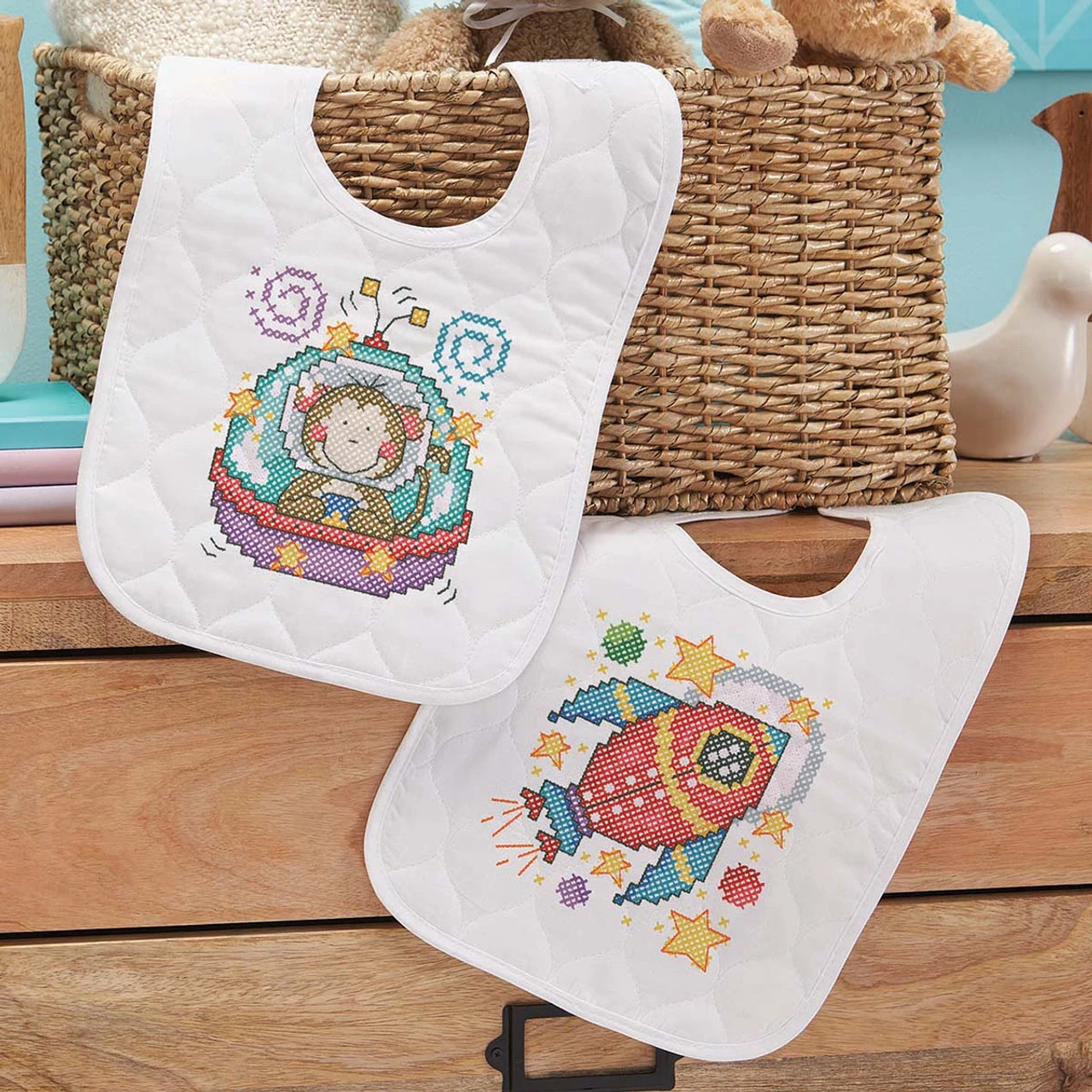 Baby By Herrschners Out Of This World Baby Bibs Stamped Cross-Stitch Kit 1 Baby By Herrschners Out Of This World Baby Bibs Stamped Cross-Stitch Kit