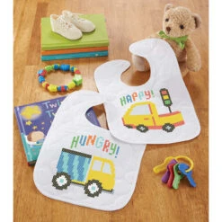 Herrschners Construction Crew Baby Bibs Stamped Cross-Stitch Kit