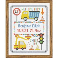Herrschners Construction Crew Birth Record Counted Cross-Stitch Kit