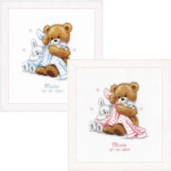 Vervaco Bear With A Blue Blanket Birth Record Counted Cross-Stitch Kit