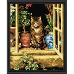 Orchidea Cat In Cottage Window Needlepoint Canvas