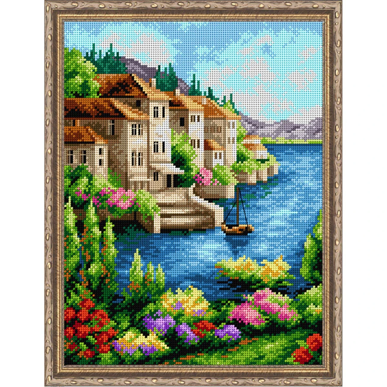 Orchidea Landscape With Flowers & Boat Needlepoint Canvas 1 Orchidea Landscape With Flowers & Boat Needlepoint Canvas