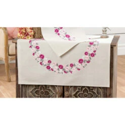 Nob Hill Pink Flowers & Grey Leaves Table Topper Stamped Embroidery Kit