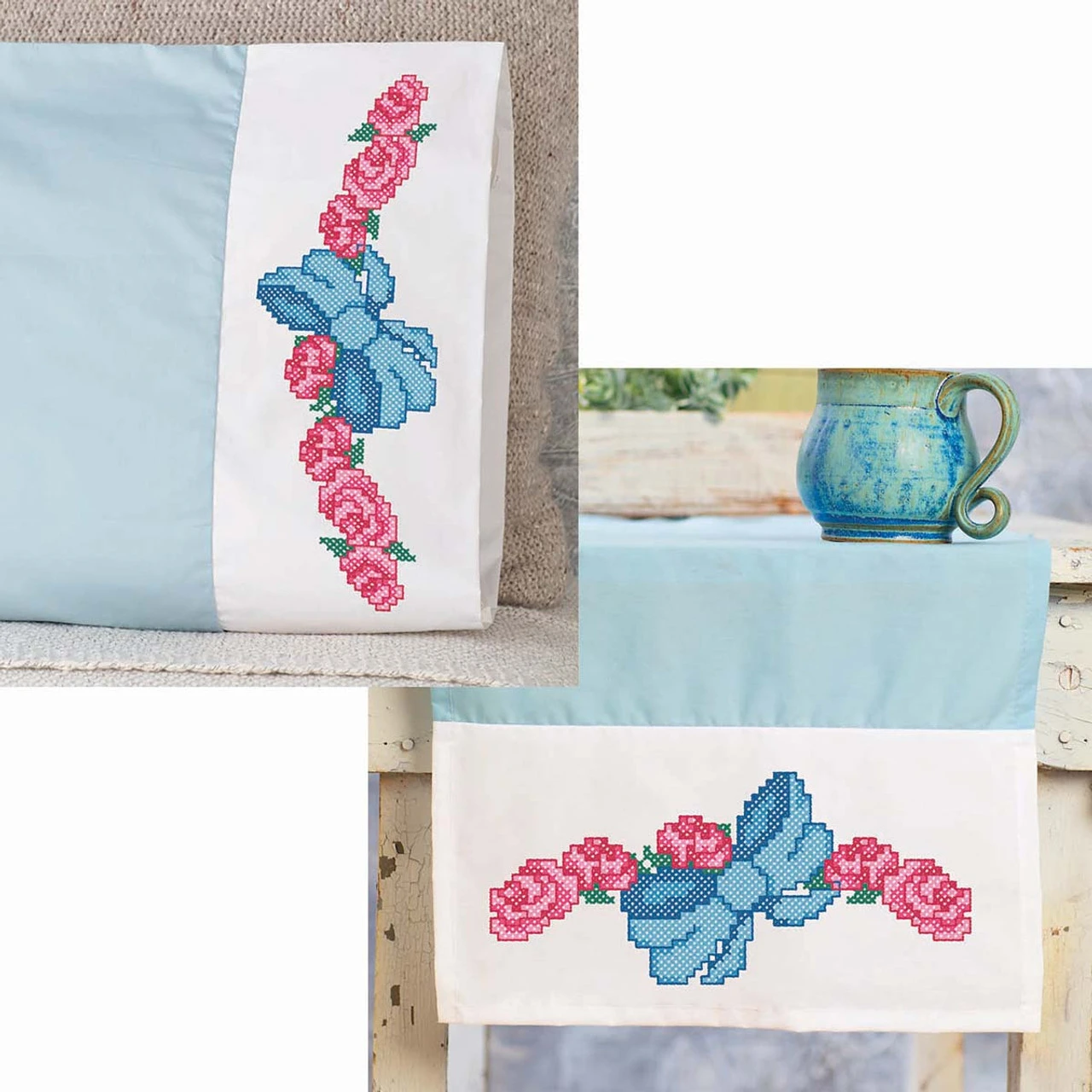 Herrschners Rose Swag Pillowcase Pair & Dresser Scarf Stamped Cross-Stitch 1 Herrschners Rose Swag Pillowcase Pair & Dresser Scarf Stamped Cross-Stitch