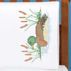 Herrschners Woodland Mallard Pillowcase Pair Stamped Cross-Stitch