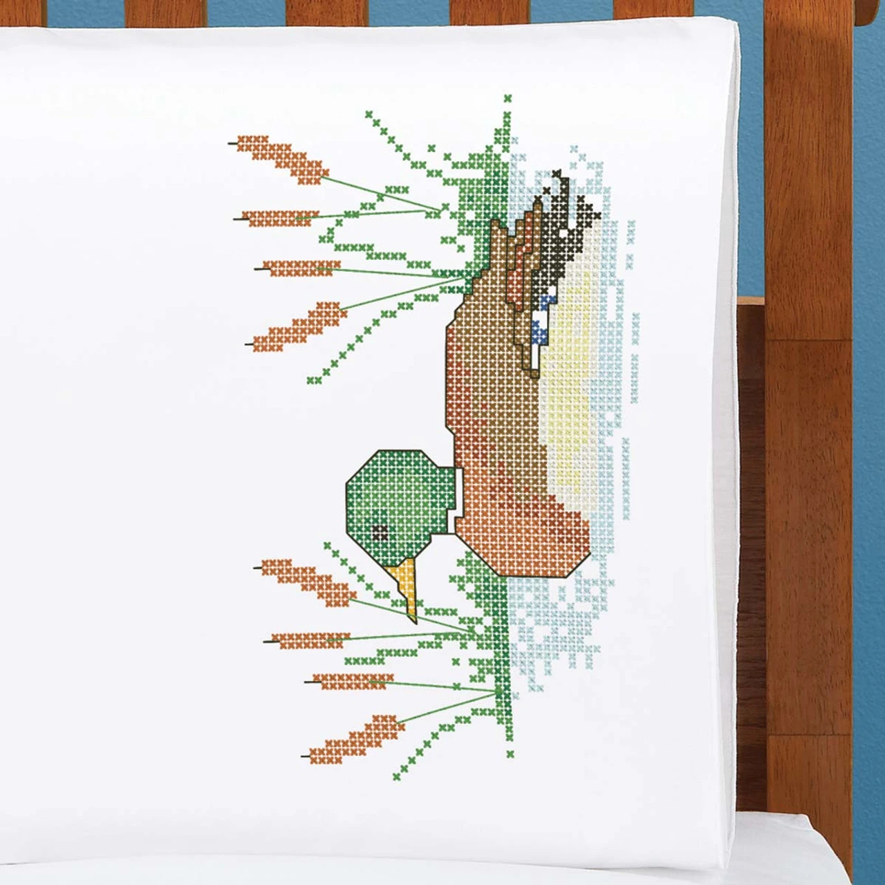 Herrschners Woodland Mallard Pillowcase Pair Stamped Cross-Stitch 1 Herrschners Woodland Mallard Pillowcase Pair Stamped Cross-Stitch