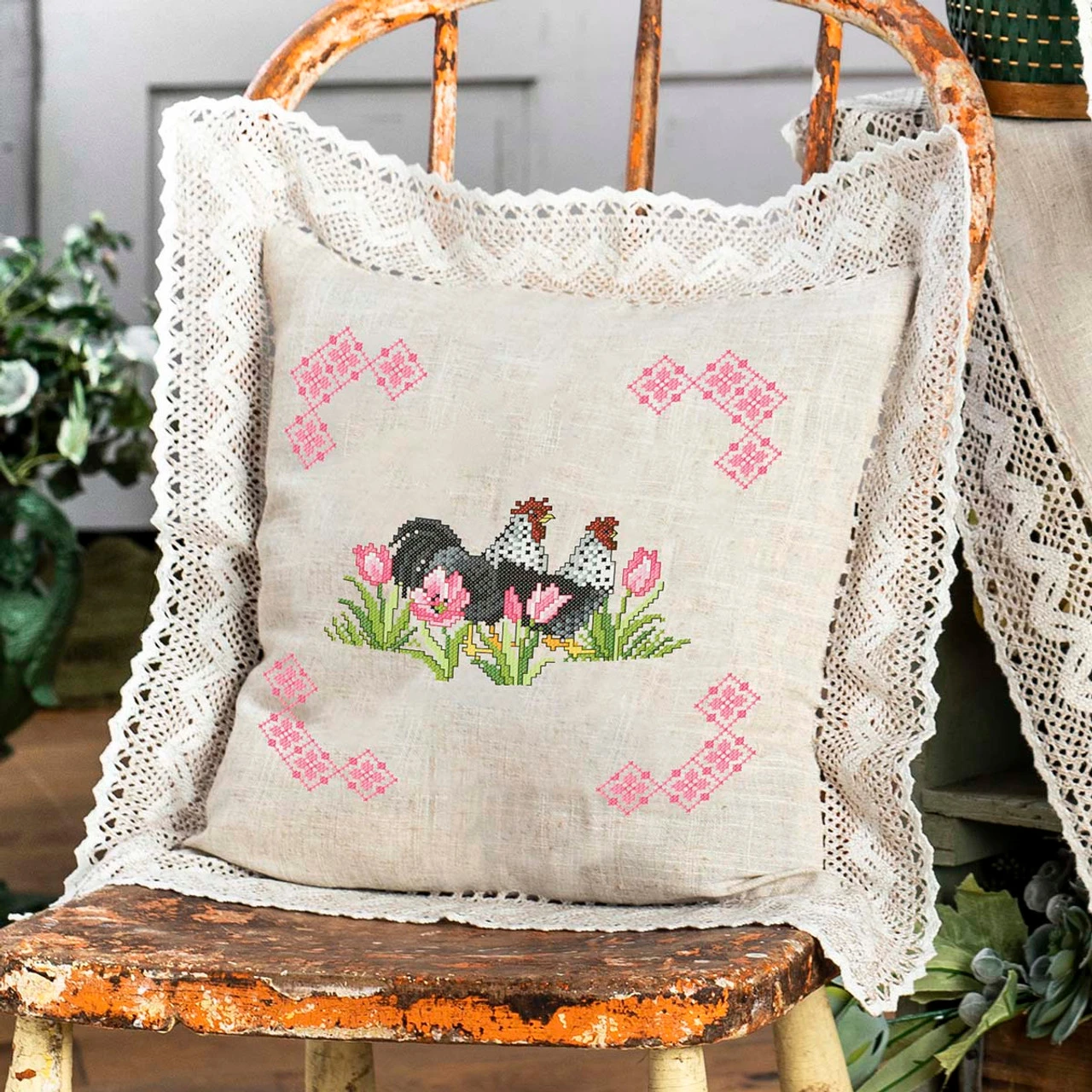 Nob Hill Roosters Pillow Cover Stamped Cross-Stitch Kit 1 Nob Hill Roosters Pillow Cover Stamped Cross-Stitch Kit