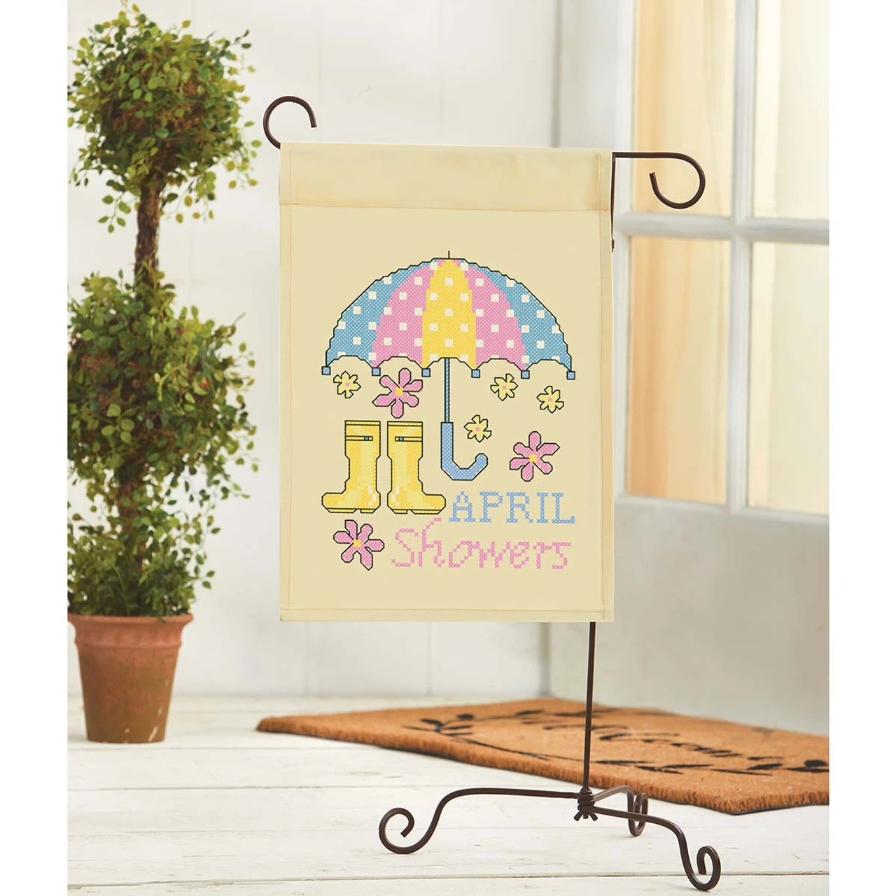 Herrschners April Showers Porch Flag Stamped Cross-Stitch Kit 1 Herrschners April Showers Porch Flag Stamped Cross-Stitch Kit