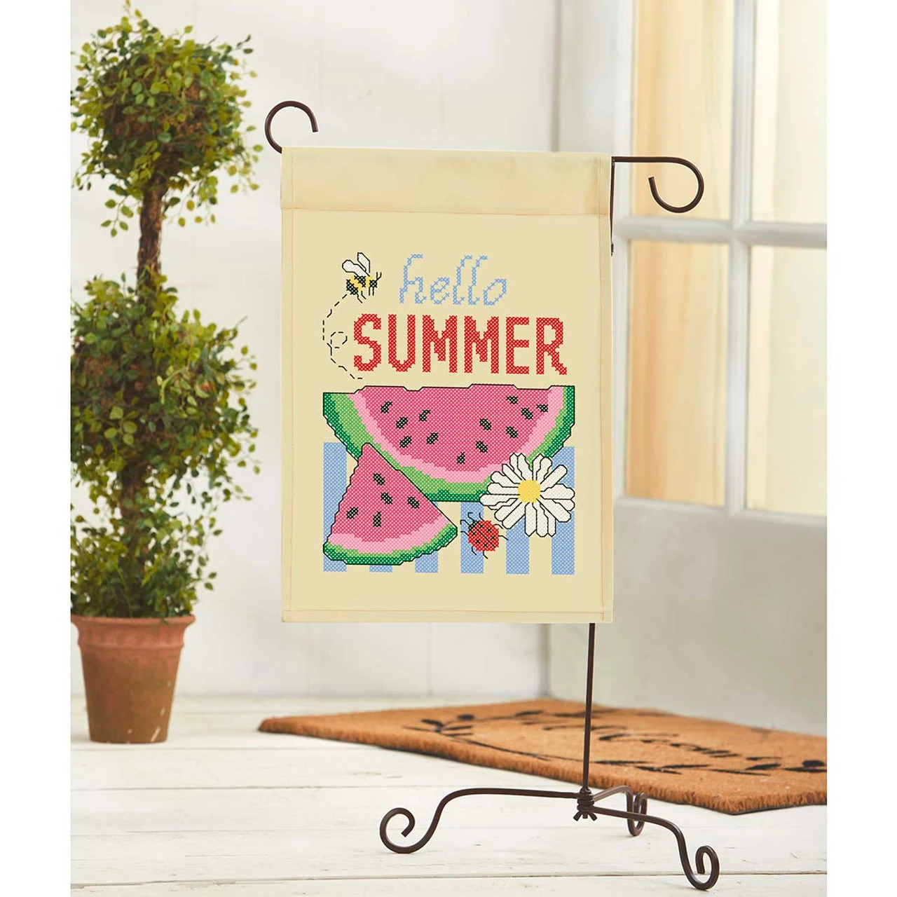 Herrschners Hello Summer Porch Flag Stamped Cross-Stitch Kit 1 Herrschners Hello Summer Porch Flag Stamped Cross-Stitch Kit