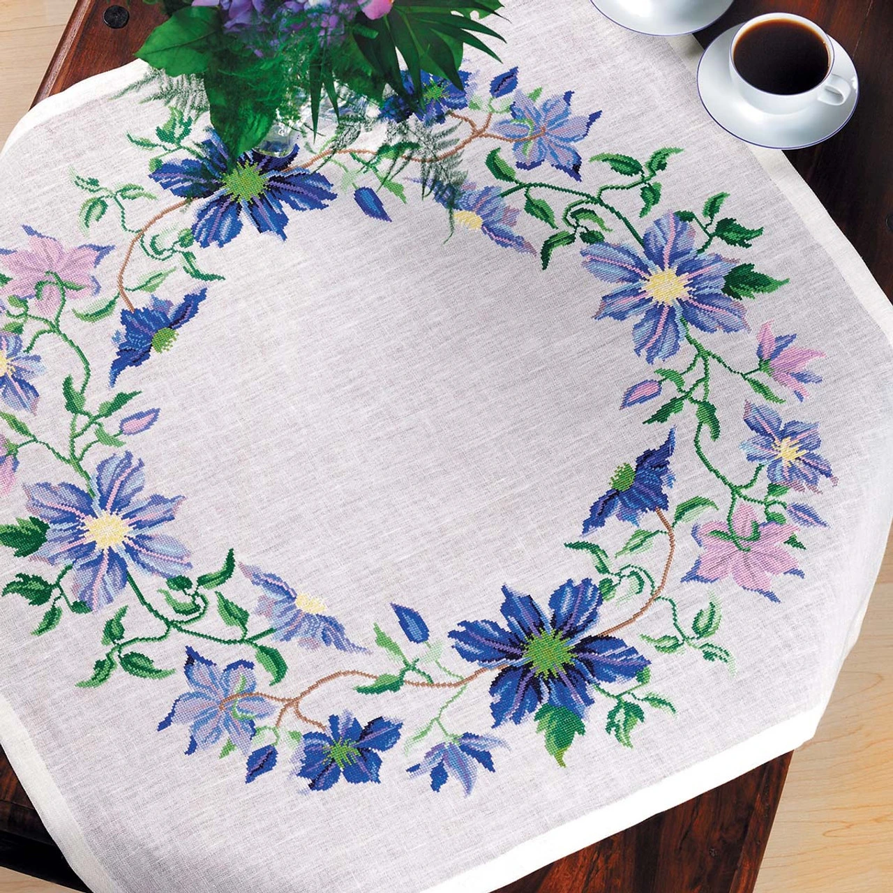 Eva Rosenstand Blue Clematis Table Topper Counted Cross-Stitch Kit 1 Eva Rosenstand Blue Clematis Table Topper Counted Cross-Stitch Kit