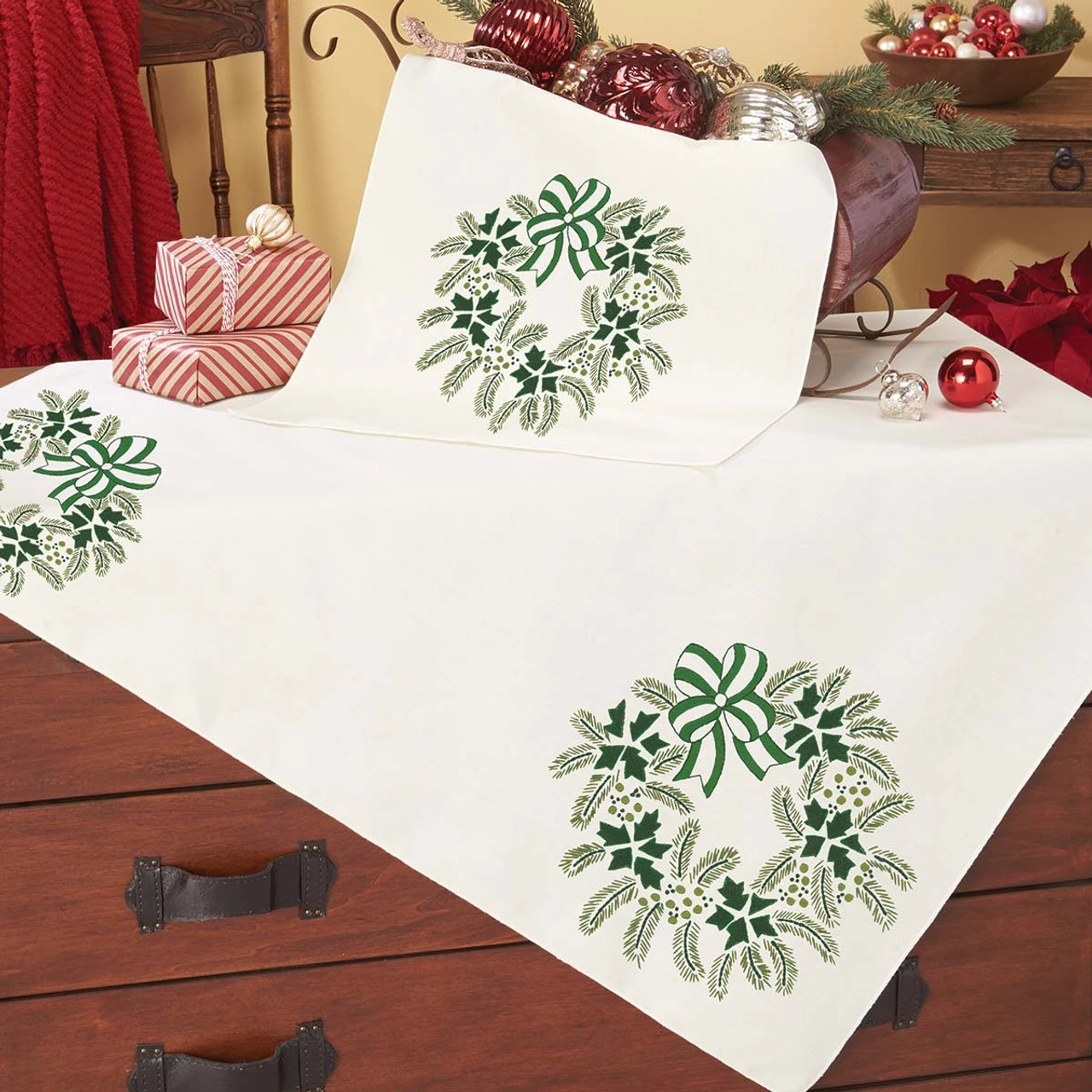 Herrschners Wintergreen Wreath Table Topper & Runner Stamped Embroidery 1 Herrschners Wintergreen Wreath Table Topper & Runner Stamped Embroidery