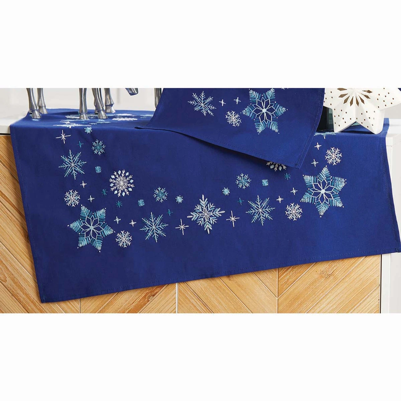 Herrschners Snowflakes On Blue Table Topper Stamped Embroidery Kit 1 Herrschners Snowflakes On Blue Table Topper Stamped Embroidery Kit